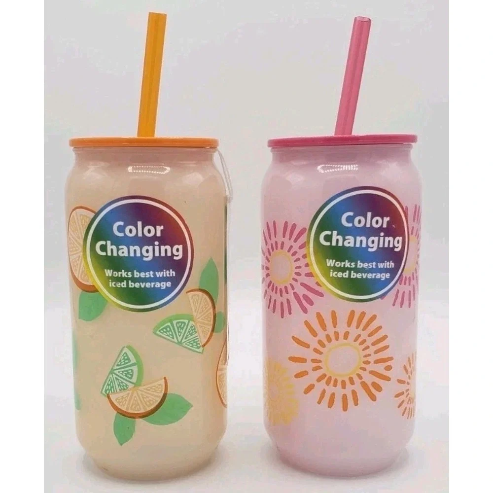 NEW Set Of 2 - 20oz Color Changing Tumbler Lid Straw Orange & Pink Summer Fruit